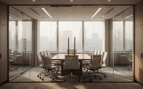 Ein moderner, leerer Konferenzraum in einem Bürogebäude mit großen Fenstern und professioneller Atmosphäre. - Foto: über boerse-global.de