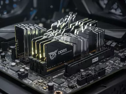 Nahaufnahme von DDR5-Arbeitsspeichermodulen auf einem Computer-Mainboard in einer professionellen Arbeitsumgebung. - Foto: über boerse-global.de