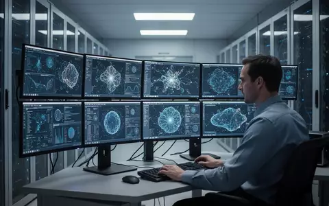 Ein Techniker arbeitet an einer Workstation in einem modernen Serverraum, umgeben von Datenströmen und KI-Visualisierungen. - Foto: über boerse-global.de