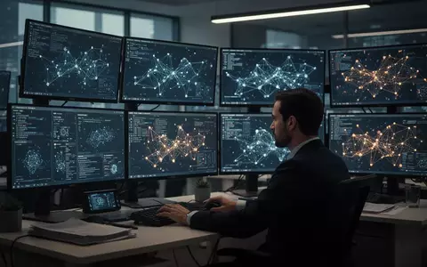 Ein Cybersicherheitsexperte arbeitet in einem modernen Kontrollzentrum an mehreren Monitoren mit komplexen Datenvisualisierungen. - Foto: über boerse-global.de