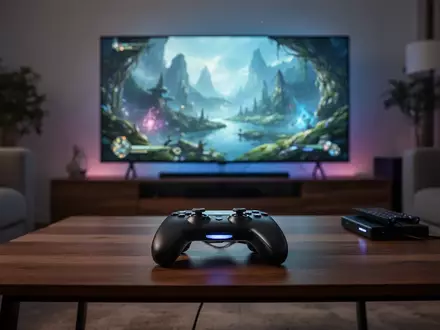 Ein moderner Gaming-Controller auf einem Couchtisch vor einem Fernseher, der eine immersive Spielwelt zeigt. - Foto: über boerse-global.de
