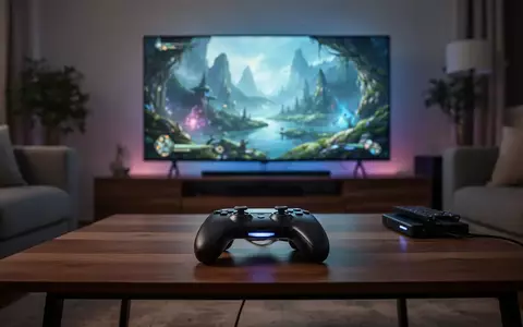 Ein moderner Gaming-Controller auf einem Couchtisch vor einem Fernseher, der eine immersive Spielwelt zeigt. - Foto: über boerse-global.de