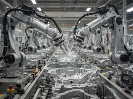 Ein moderner Industrieroboter arbeitet an einer hochautomatisierten Fertigungslinie in einer Fabrikhalle. - Foto: über boerse-global.de