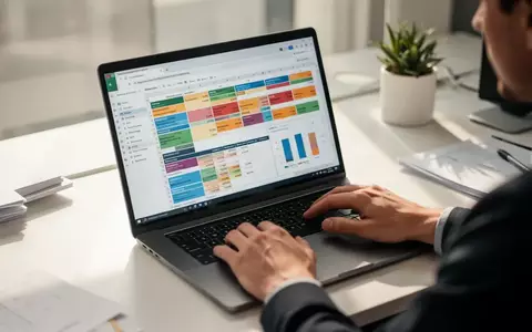 Eine Person arbeitet an einem Laptop mit einer komplexen Tabellenkalkulation in einer modernen, hellen Büroumgebung. - Foto: über boerse-global.de