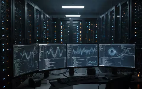 Ein dunkler Serverraum mit blinkenden Kontrollleuchten und mehreren Monitoren, die komplexe Datenströme anzeigen. - Foto: über boerse-global.de