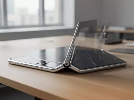 Ein modernes faltbares Smartphone liegt auf einem minimalistischen Schreibtisch in einem hellen Büro. - Foto: über boerse-global.de