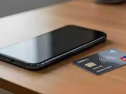 Ein Smartphone liegt neben einer kontaktlosen Kreditkarte auf einem Holztisch, was die Gefahr von NFC-Angriffen symbolisiert. - Foto: über boerse-global.de