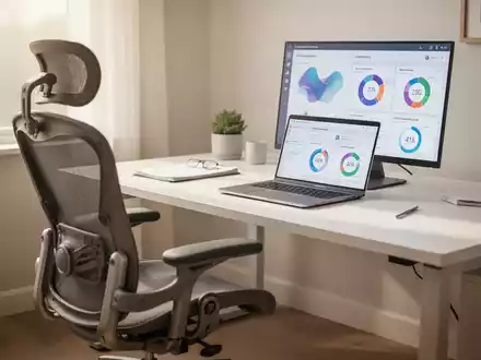 Ein modern eingerichteter, ergonomischer Arbeitsplatz in einem hellen Büro mit Laptop und Datenvisualisierungen. - Foto: über boerse-global.de