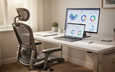 Ein modern eingerichteter, ergonomischer Arbeitsplatz in einem hellen Büro mit Laptop und Datenvisualisierungen. - Foto: über boerse-global.de