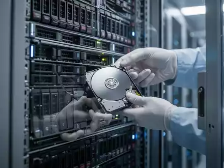 Ein Techniker installiert eine Festplatte in einem professionellen Server-Rack in einem Rechenzentrum. - Foto: über boerse-global.de