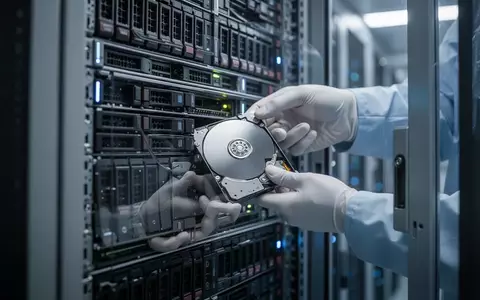 Ein Techniker installiert eine Festplatte in einem professionellen Server-Rack in einem Rechenzentrum. - Foto: über boerse-global.de