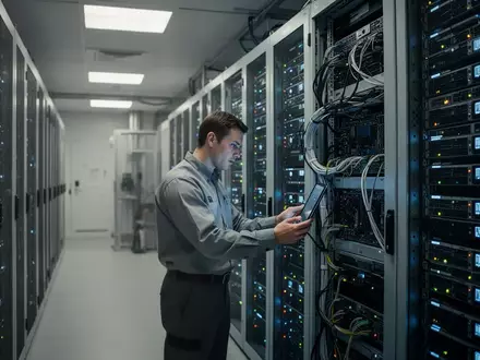 Ein Techniker überprüft moderne Server-Hardware in einem hochmodernen Rechenzentrum. - Foto: über boerse-global.de