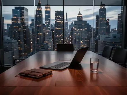 Ein minimalistischer Konferenzraum in einem Bürogebäude mit Blick auf das Finanzviertel bei Dämmerung. - Foto: über boerse-global.de