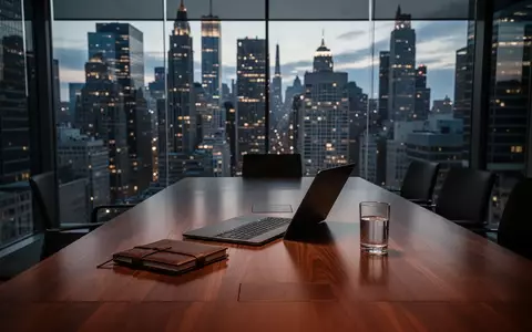 Ein minimalistischer Konferenzraum in einem Bürogebäude mit Blick auf das Finanzviertel bei Dämmerung. - Foto: über boerse-global.de