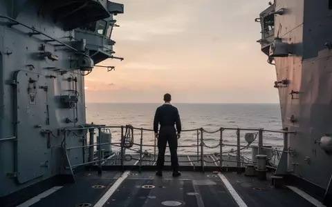 Ein einsamer Soldat steht in Uniform auf dem Deck eines Flugzeugträgers und blickt auf das offene Meer. - Foto: über boerse-global.de