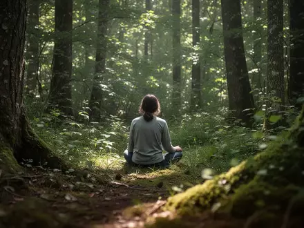 Eine Person sitzt ruhig in einer Waldlichtung, umgeben von Bäumen und weichem, natürlichem Licht. - Foto: über boerse-global.de