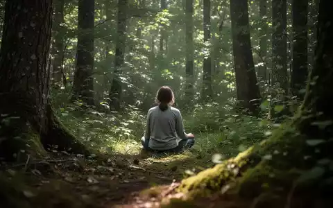 Eine Person sitzt ruhig in einer Waldlichtung, umgeben von Bäumen und weichem, natürlichem Licht. - Foto: über boerse-global.de
