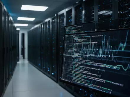 Dunkler Serverraum mit blinkenden Lichtern und verschwommenen Monitoren, die komplexe Netzwerkdaten anzeigen. - Foto: über boerse-global.de