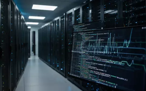 Dunkler Serverraum mit blinkenden Lichtern und verschwommenen Monitoren, die komplexe Netzwerkdaten anzeigen. - Foto: über boerse-global.de