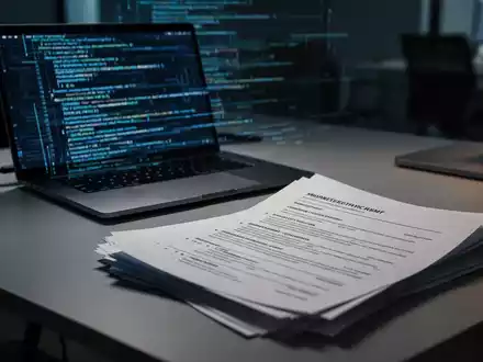 Ein moderner Schreibtisch mit einem Laptop und ausgedruckten Bewerbungsunterlagen in einem Büro. - Foto: über boerse-global.de
