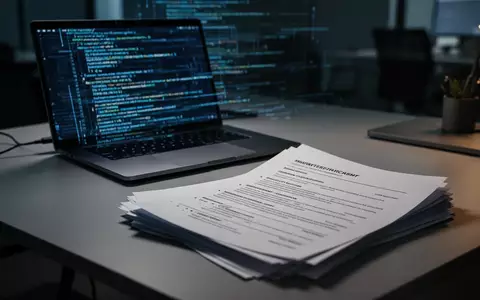 Ein moderner Schreibtisch mit einem Laptop und ausgedruckten Bewerbungsunterlagen in einem Büro. - Foto: über boerse-global.de