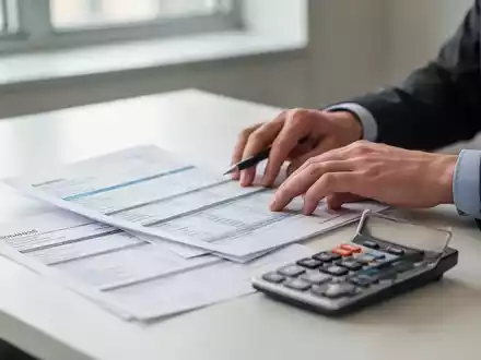 Hände eines Angestellten bei der Arbeit mit Lohnabrechnungsunterlagen und einem Taschenrechner auf einem Schreibtisch. - Foto: über boerse-global.de