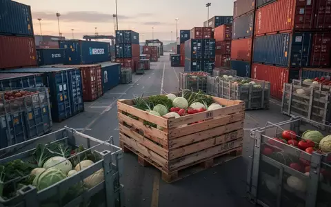 Ein moderner Verladehafen mit Frachtcontainern und Holzpaletten bei Dämmerung als Symbol für globale Lieferketten. - Foto: über boerse-global.de