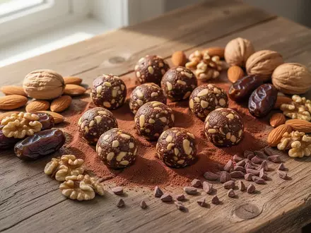 Selbstgemachte Energiebällchen aus Nüssen, Datteln und Kakao auf einem Holztisch, arrangiert mit frischen Zutaten. - Foto: über boerse-global.de