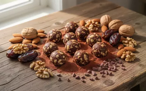 Selbstgemachte Energiebällchen aus Nüssen, Datteln und Kakao auf einem Holztisch, arrangiert mit frischen Zutaten. - Foto: über boerse-global.de