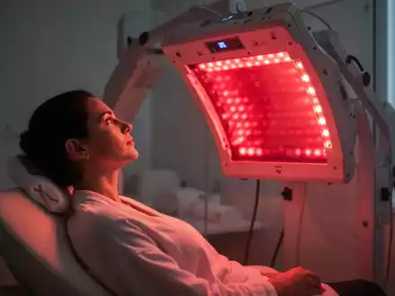Eine Person entspannt sich vor einem professionellen Rotlichttherapie-Panel in einem modernen Wellness-Studio. - Foto: über boerse-global.de