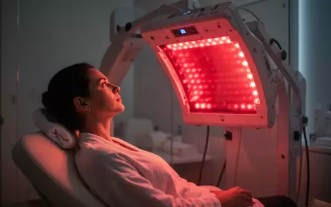 Eine Person entspannt sich vor einem professionellen Rotlichttherapie-Panel in einem modernen Wellness-Studio. - Foto: über boerse-global.de