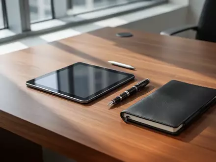 Ein minimalistischer Büroarbeitsplatz mit einem Tablet und Notizbuch bei natürlichem Tageslicht. - Foto: über boerse-global.de