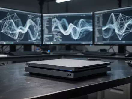Eine moderne Spielkonsole auf einem Labortisch vor unscharfen Monitoren mit komplexen technischen Visualisierungen. - Foto: über boerse-global.de