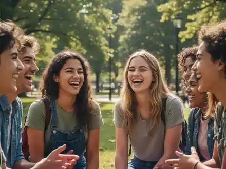 Eine diverse Gruppe von jungen Erwachsenen, die sich in einem sonnigen Park unterhält und lacht. - Foto: über boerse-global.de