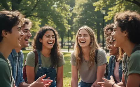 Eine diverse Gruppe von jungen Erwachsenen, die sich in einem sonnigen Park unterhält und lacht. - Foto: über boerse-global.de