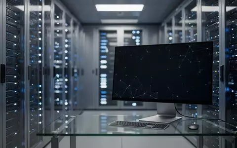 Ein modern ausgestatteter Serverraum mit verschwommenen blauen Statusleuchten und einem dunklen, leeren Computerbildschirm. - Foto: über boerse-global.de