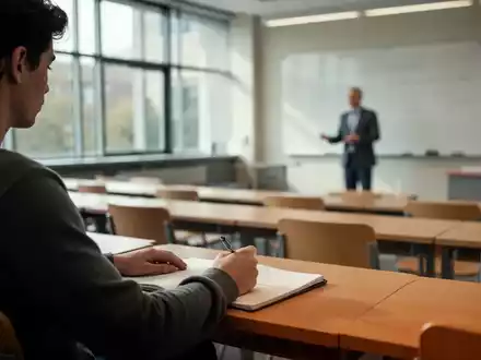 Ein Student in einem Hörsaal schreibt mit Stift und Papier, während Laptops und digitale Geräte abwesend sind. - Foto: über boerse-global.de