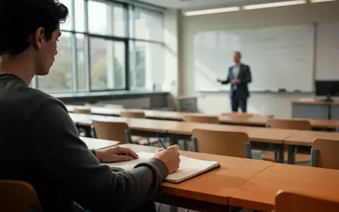 Ein Student in einem Hörsaal schreibt mit Stift und Papier, während Laptops und digitale Geräte abwesend sind. - Foto: über boerse-global.de