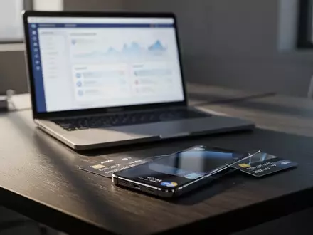 Ein moderner, schattiger Arbeitsplatz mit Laptop und Kreditkarte als Symbol für Online-Banking-Sicherheit. - Foto: über boerse-global.de