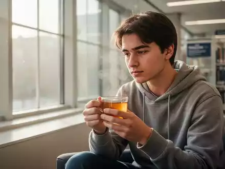 Ein Student sitzt in einer modernen Bibliothek und hält eine Tasse Tee in der Hand, während er nachdenklich in die Ferne blickt. - Foto: über boerse-global.de