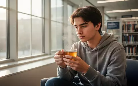 Ein Student sitzt in einer modernen Bibliothek und hält eine Tasse Tee in der Hand, während er nachdenklich in die Ferne blickt. - Foto: über boerse-global.de
