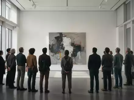 Menschen betrachten in einer ruhigen, hellen Kunstgalerie konzentriert ein großes Gemälde an einer weißen Wand. - Foto: über boerse-global.de