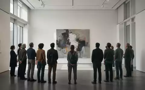 Menschen betrachten in einer ruhigen, hellen Kunstgalerie konzentriert ein großes Gemälde an einer weißen Wand. - Foto: über boerse-global.de