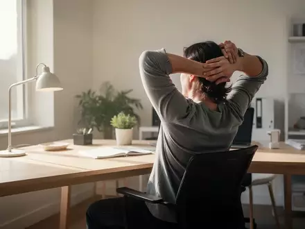 Person beim Dehnen des Rückens an einem Schreibtisch im Homeoffice bei natürlichem Tageslicht. - Foto: über boerse-global.de