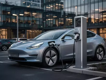Ein modernes Elektro-Firmenauto an einer Ladesäule auf einem Büro-Parkplatz bei Dämmerung. - Foto: über boerse-global.de