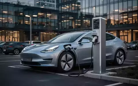 Ein modernes Elektro-Firmenauto an einer Ladesäule auf einem Büro-Parkplatz bei Dämmerung. - Foto: über boerse-global.de