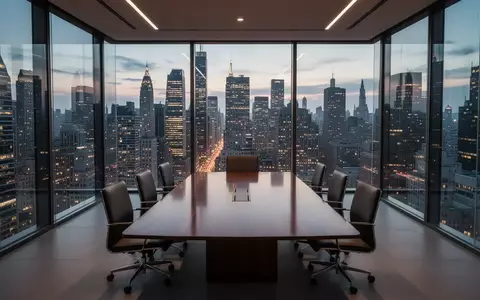 Ein minimalistischer, moderner Konferenzraum in einem Hochhaus mit Blick auf ein Finanzviertel bei Dämmerung. - Foto: über boerse-global.de
