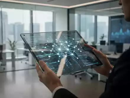 Ein Finanzexperte betrachtet digitale Blockchain-Daten auf einem Tablet in einem modernen Büro. - Foto: über boerse-global.de