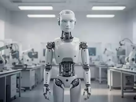 Ein moderner, weißer humanoider Roboter steht in einem hellen, professionellen Technologielabor. - Foto: über boerse-global.de
