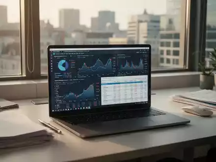 Moderner Büroarbeitsplatz mit Laptop und Datenvisualisierungen zur Digitalisierung der Mehrwertsteuerprozesse. - Foto: über boerse-global.de